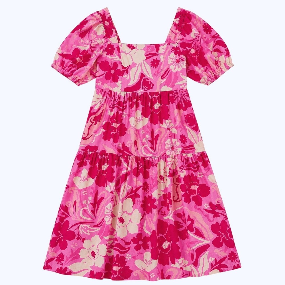 Crystal Sky Pink Floral Puff Sleeve Smocked Midi Dress CTE20107T Womens M